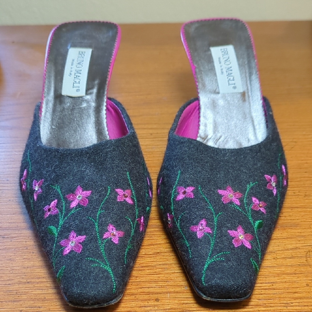 Bruno Magli Black and Pink Embroidered Mules